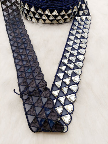 Navy Blue Lace Trim with Silver Gota (Indian Foil Work) and Real Mirror, Decorative Trim Costume Trim Fashion Trim By Yard
